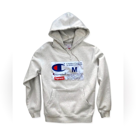Vintage Supreme X Champion Hooded Sweatshirt, Grey- Men's Medium Vintage Supreme X Champion Hooded Sweatshirt, Grey- Men's Medium